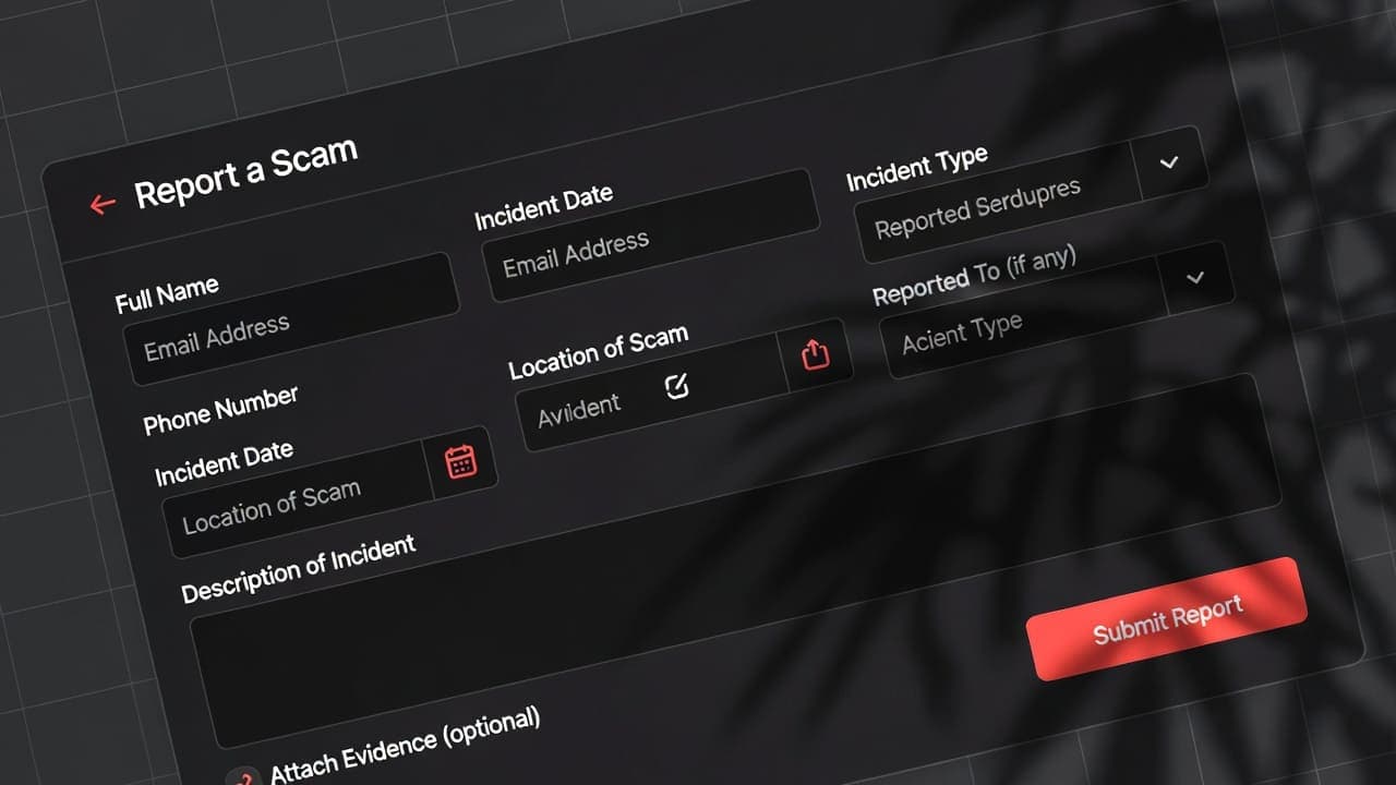 Clean modern web form interface for reporting scams